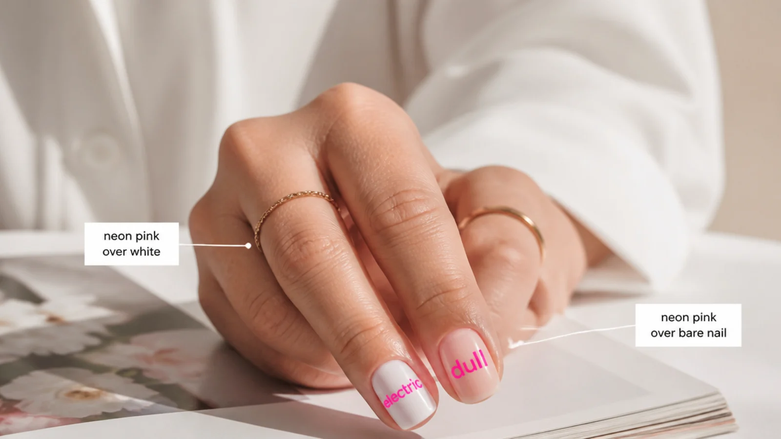 Two nails compared, neon pink over white base reading electric and neon over bare nail reading dull