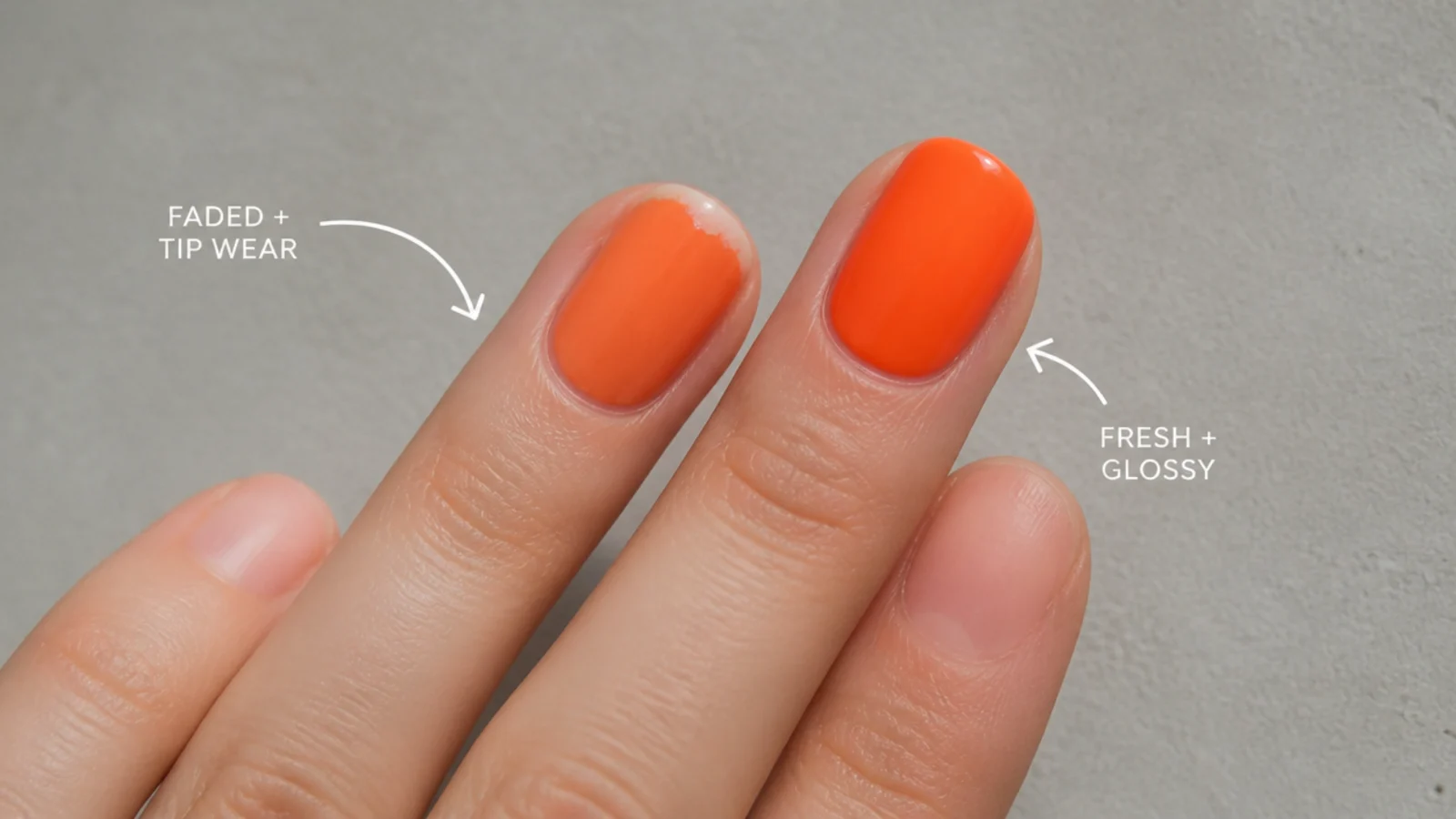 Close-up of a faded neon orange nail with tip wear compared to a fresh glossy bright nail