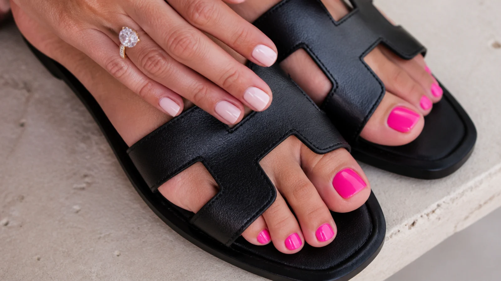 Vivid hot pink toe nails with a high gloss finish in black slide sandals