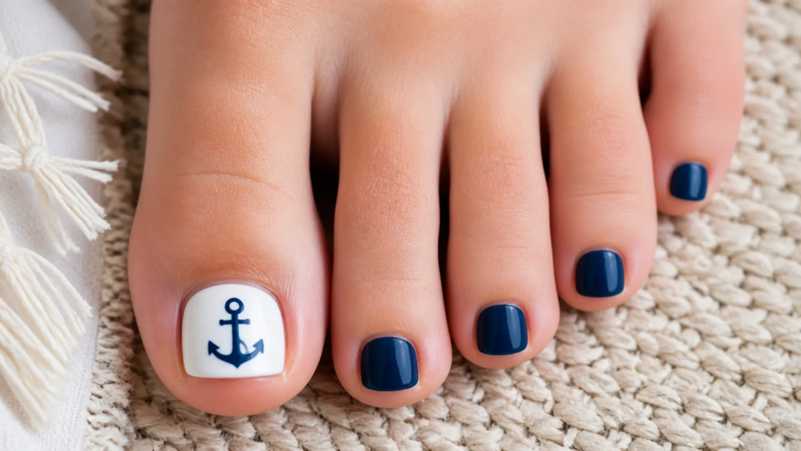 White big toe nail with a hand-painted navy anchor and plain navy smaller toe nails