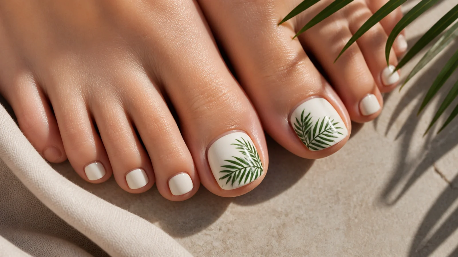 Cream toe nails with hand-painted green palm leaves on both big toe nails