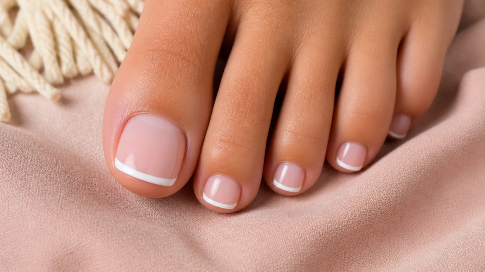Classic white French tip toe nails with a straight smile line over a sheer pink base