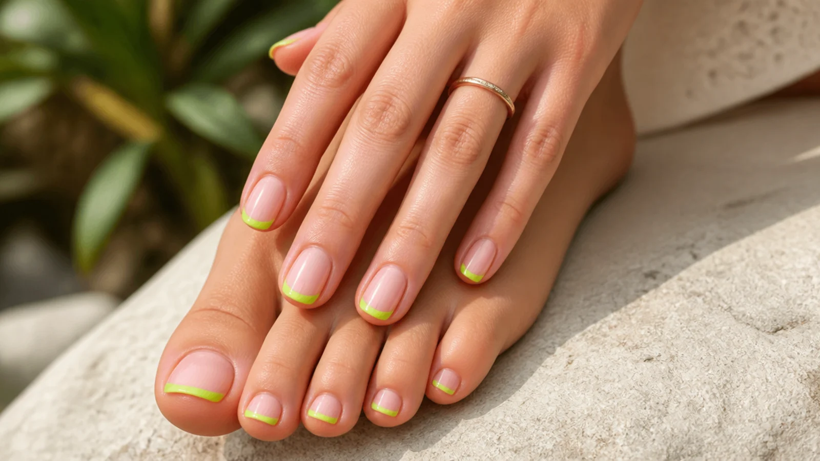 Nude toe nails with bright lime green colored French tips on each nail