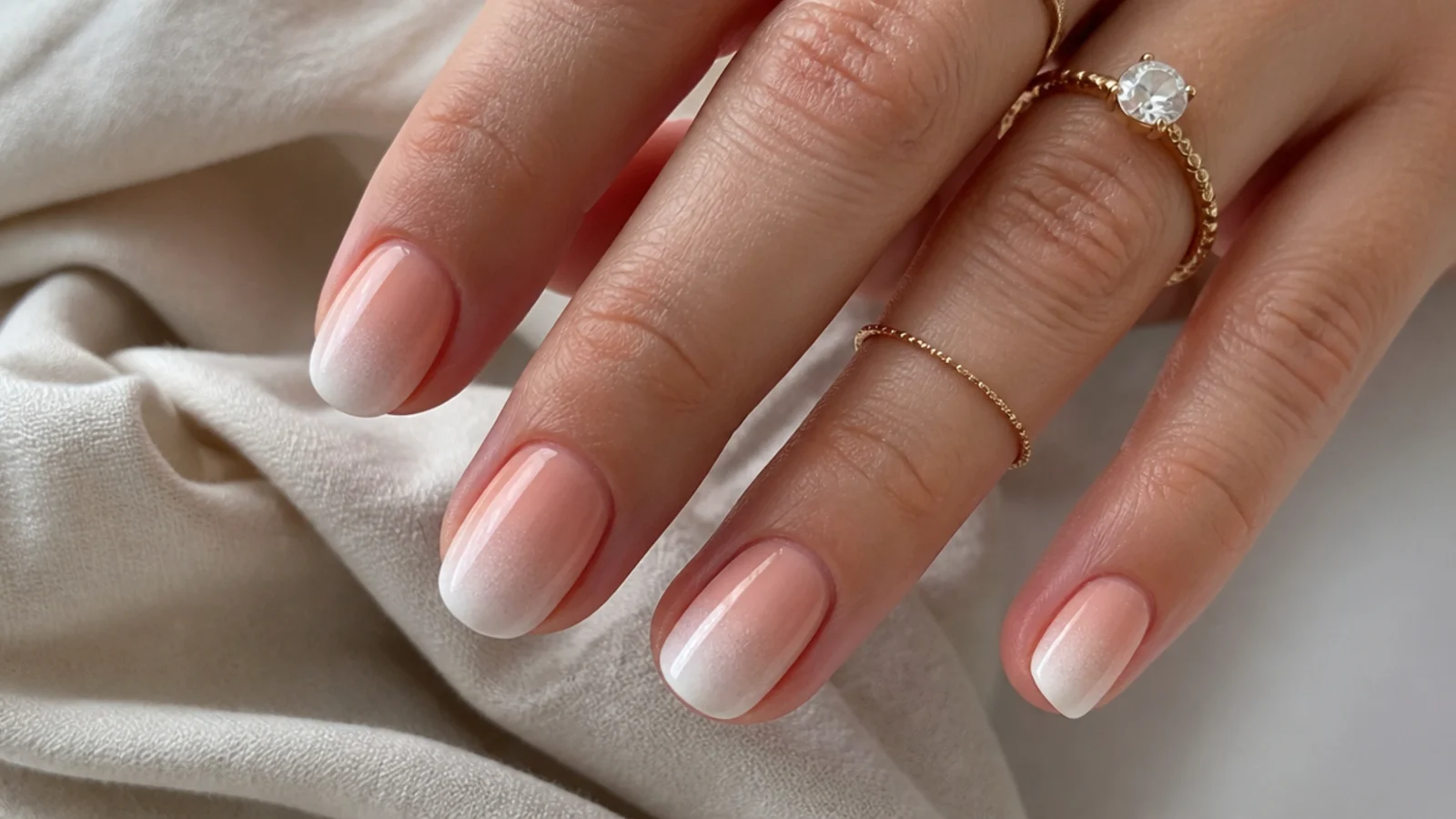 Peach to white ombre toe nails with a soft sponged gradient toward the tips