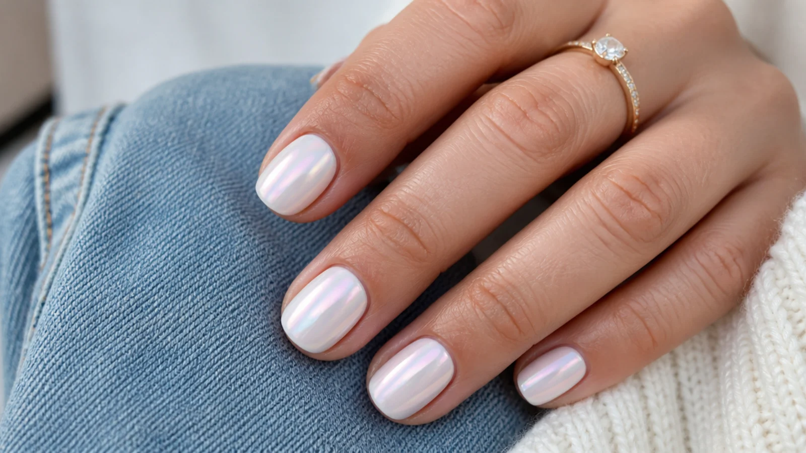 Iridescent pearl glazed toe nails with a soft pink and blue shimmer over milky white