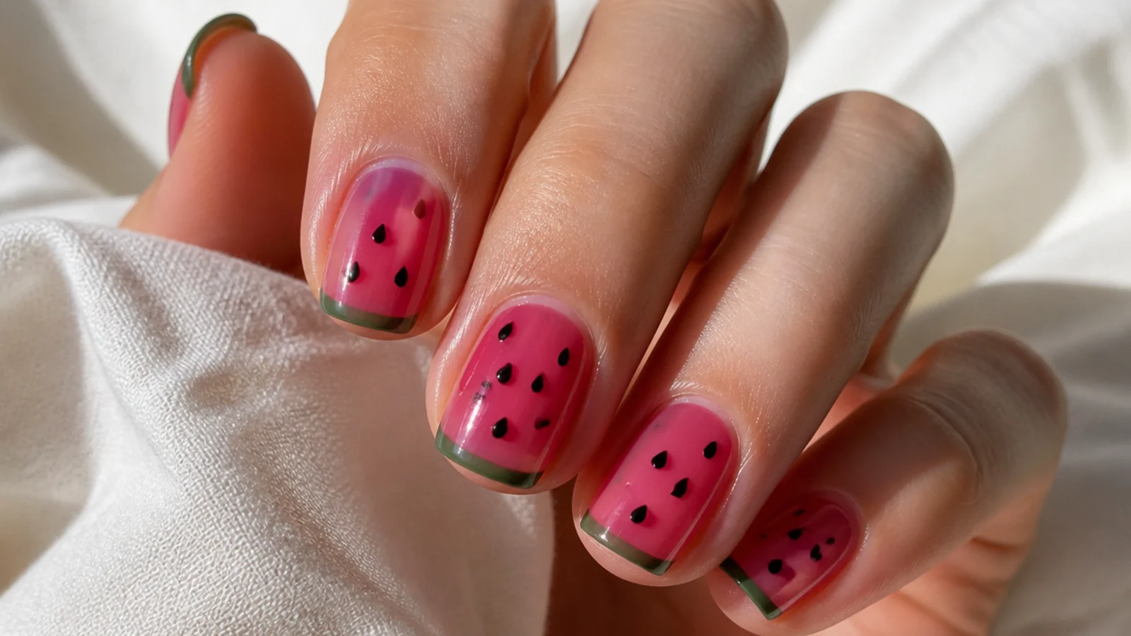 Translucent watermelon pink jelly toe nails with a green tip stripe and black seed dots