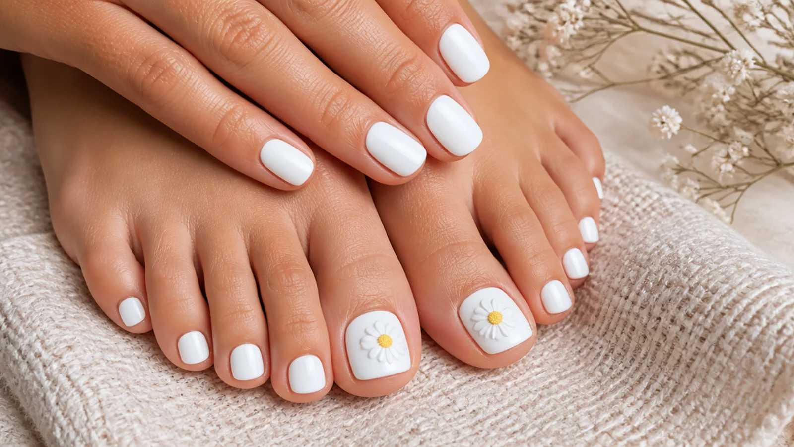 White toe nails with one hand-painted yellow-centered daisy on each big toe nail