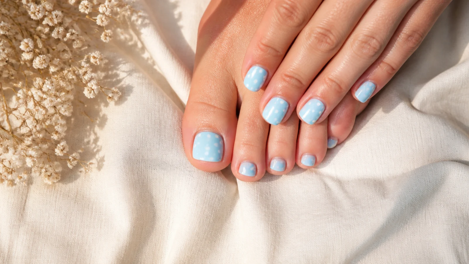 Pale blue toe nails with scattered white polka dots clustered on the big toe nail