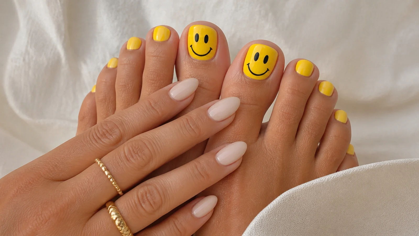 Sunshine yellow toe nails with a black smiley face painted on each big toe