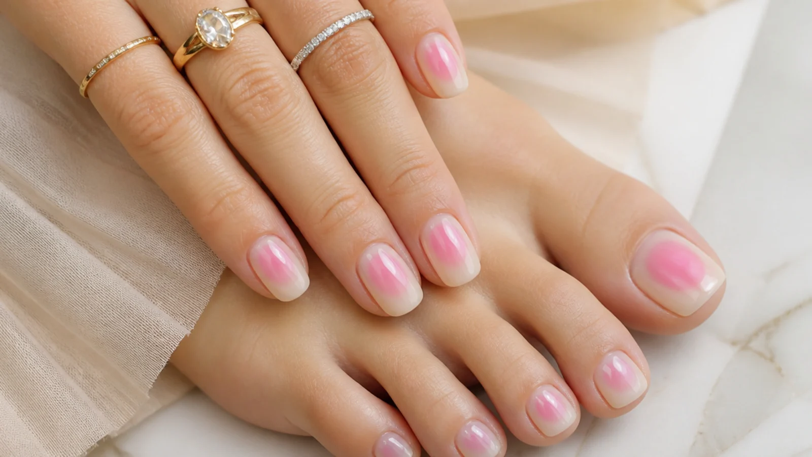 Toe nails with a soft pink aura halo glowing from the center of a nude base