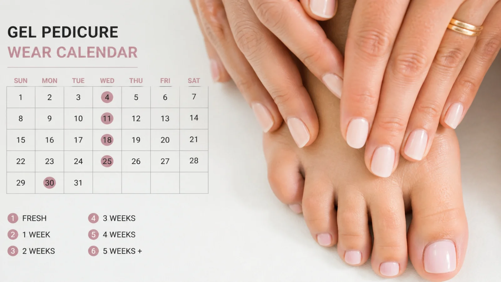Calendar and gel pedicure toe nails illustrating four to six weeks of pedicure wear time