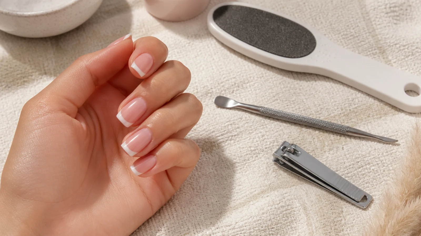Pedicure prep tools including foot file cuticle pusher and nail clippers on a towel
