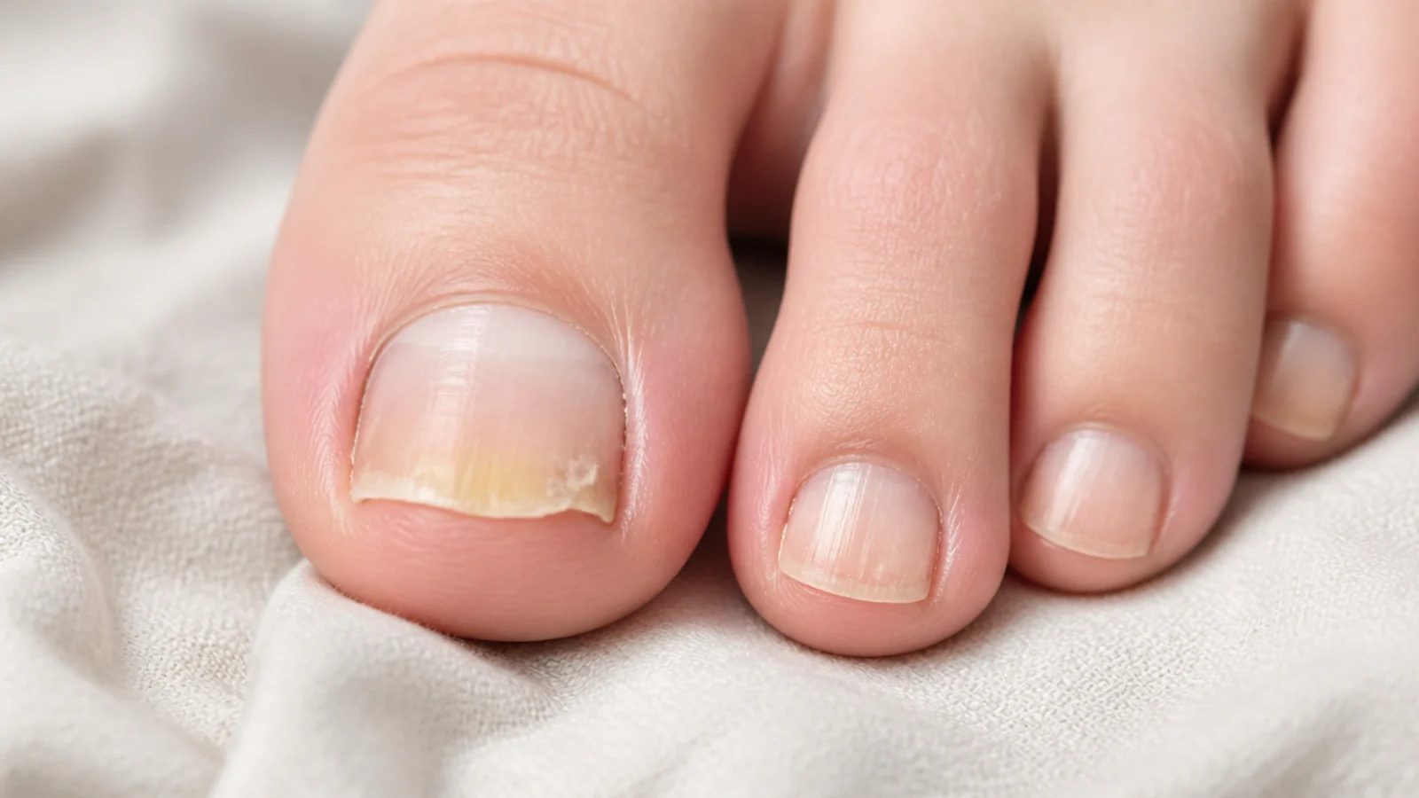Close-up of toe nails showing a chipped edge a yellow stain and surface ridges
