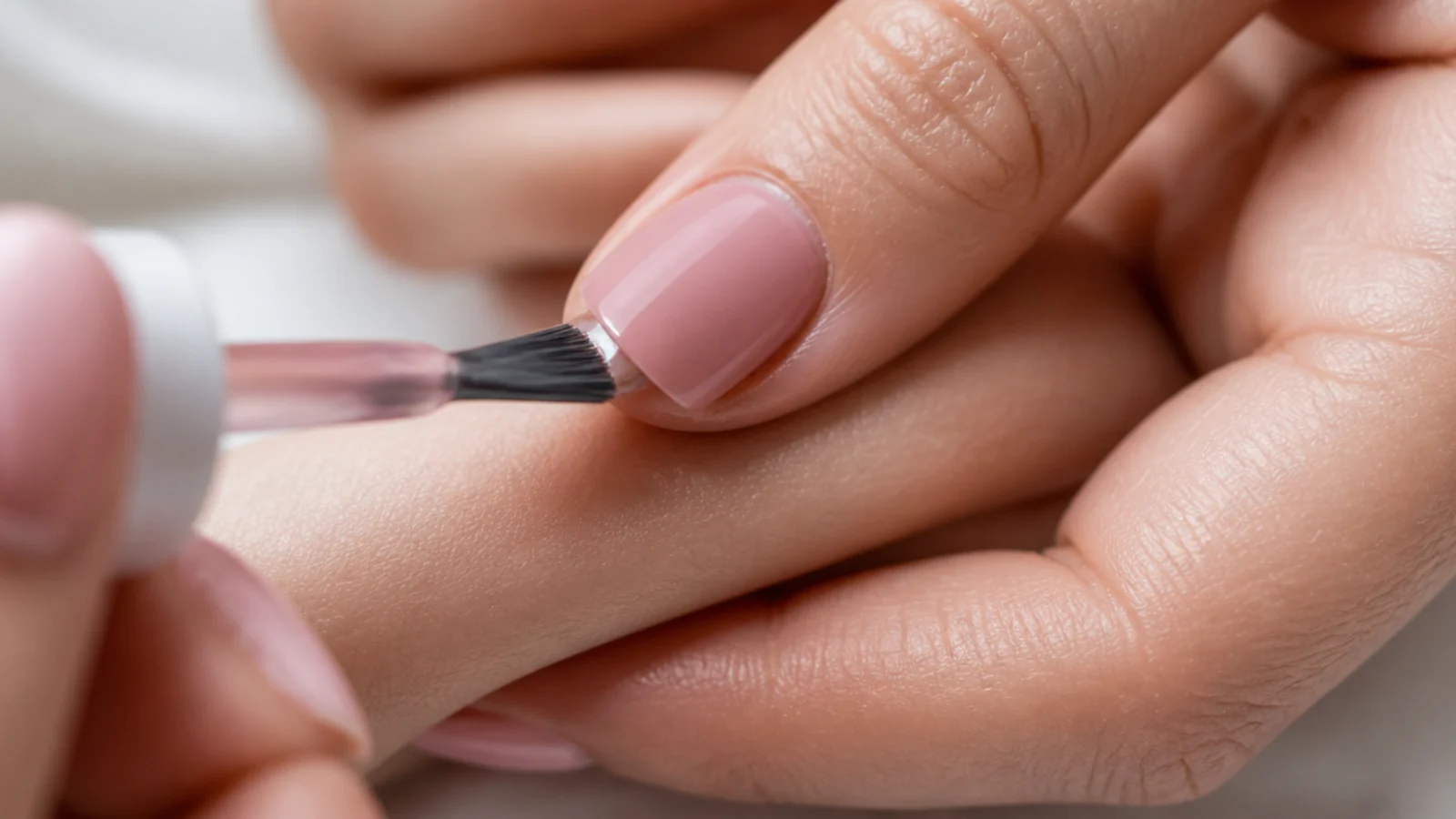 Close up of a polish brush wrapping over the free edge of a nail to seal the layers