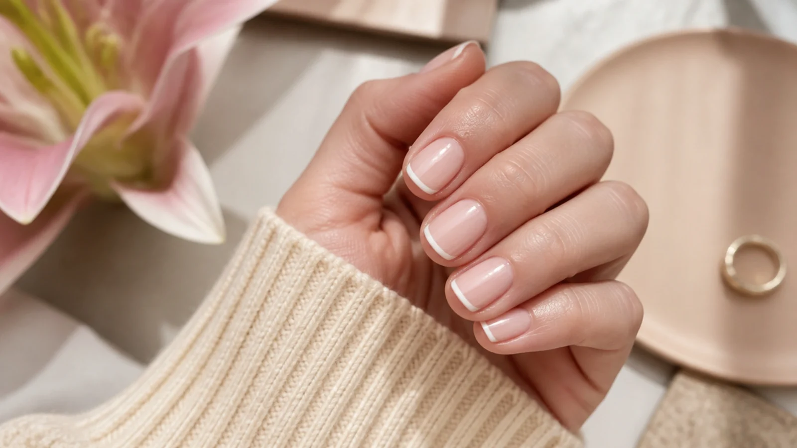 Short cute nails painted at home in milky pink with a thin white micro French tip and glossy top coat