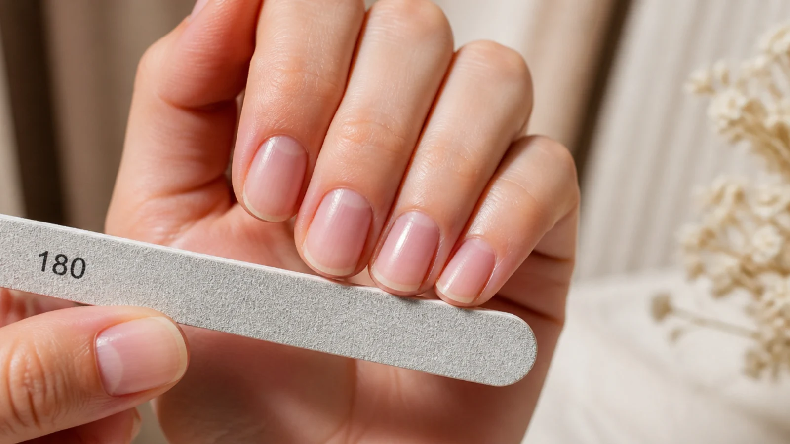 A 180 grit file shaping a short squoval free edge in one direction on a natural nail