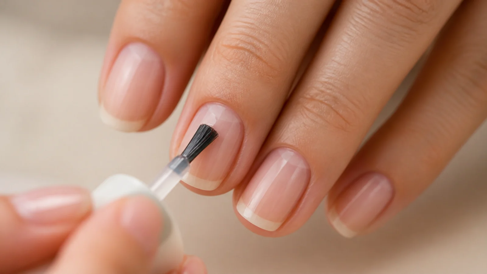 A clear ridge-filling base coat being brushed onto a prepped nail with the tip capped