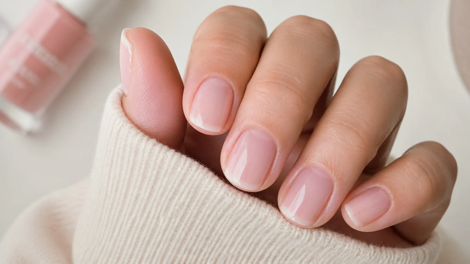 A thin first coat of milky pink polish showing slight transparency over the nail plate