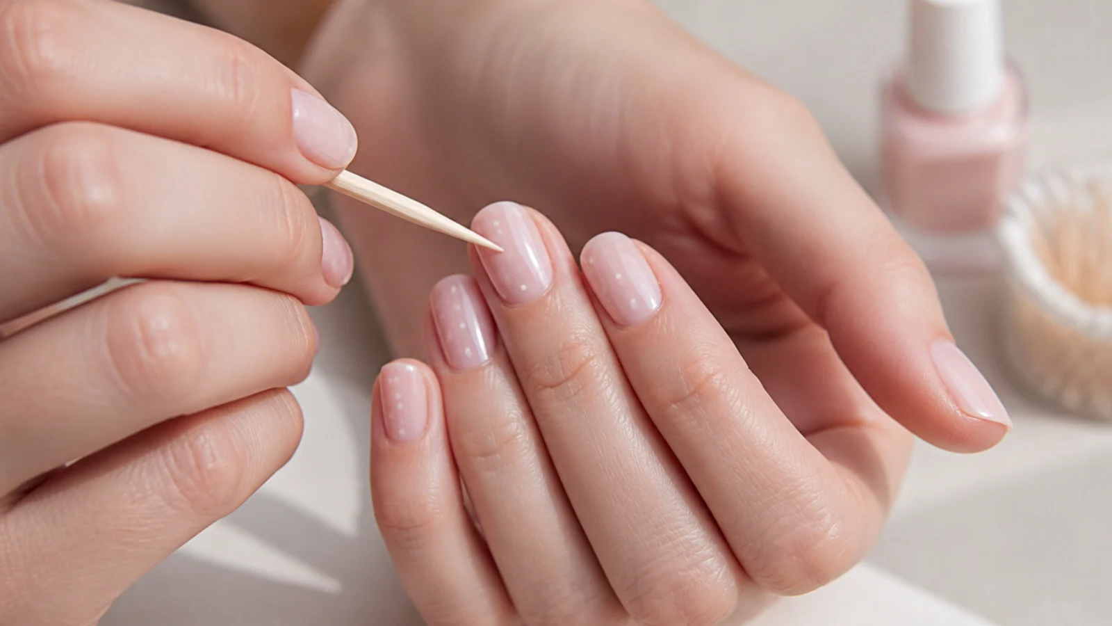 A toothpick dotting tiny white micro dots across a milky pink at-home manicure