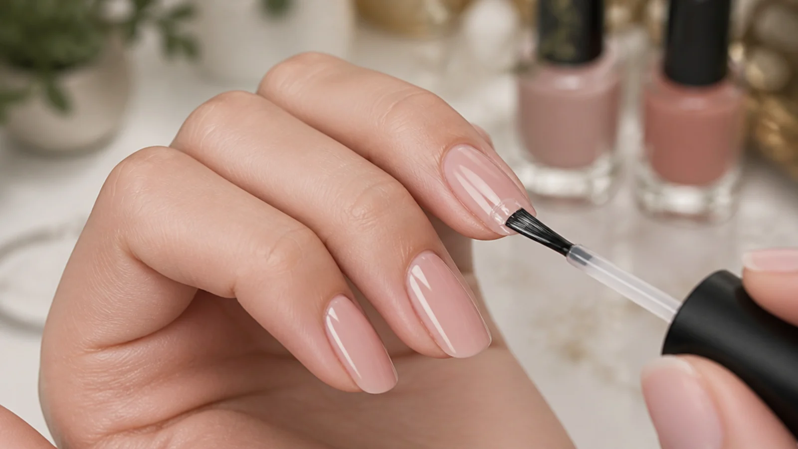A glossy top coat brush wrapping over the tip of a nail to cap and seal the free edge