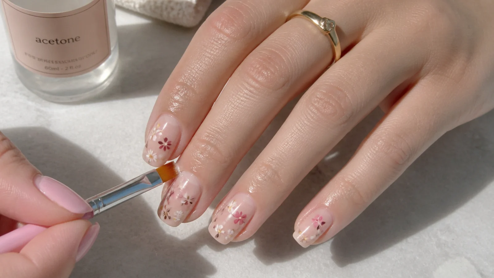 A flat angled brush dipped in acetone cleaning polish off the skin around a finished cute nail