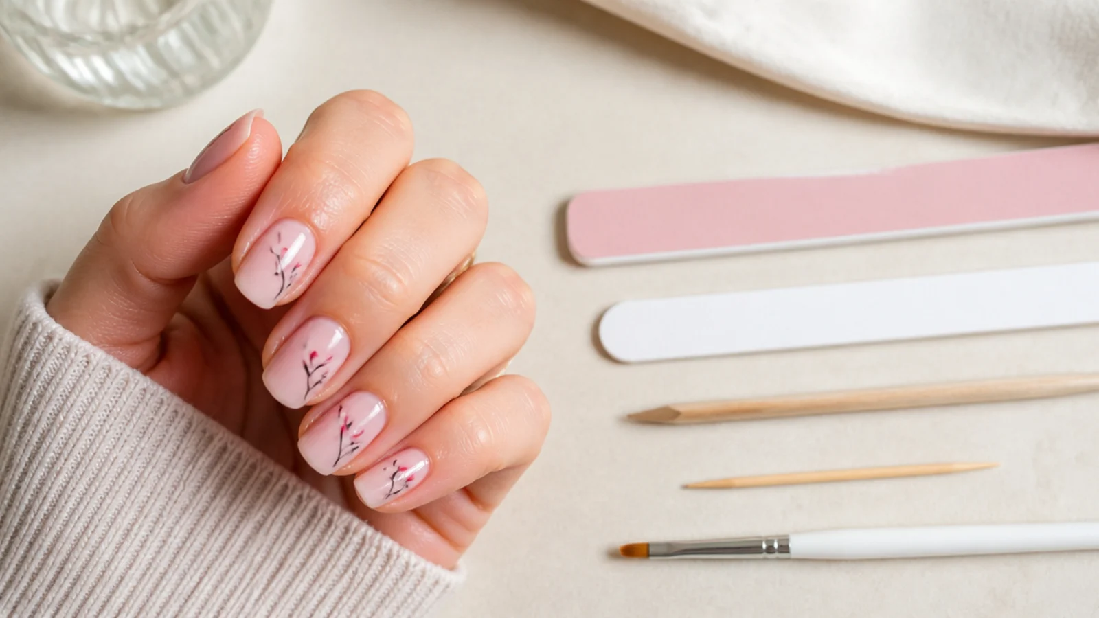 At-home nail art tools laid out including files, wood sticks, a toothpick and a flat angled brush