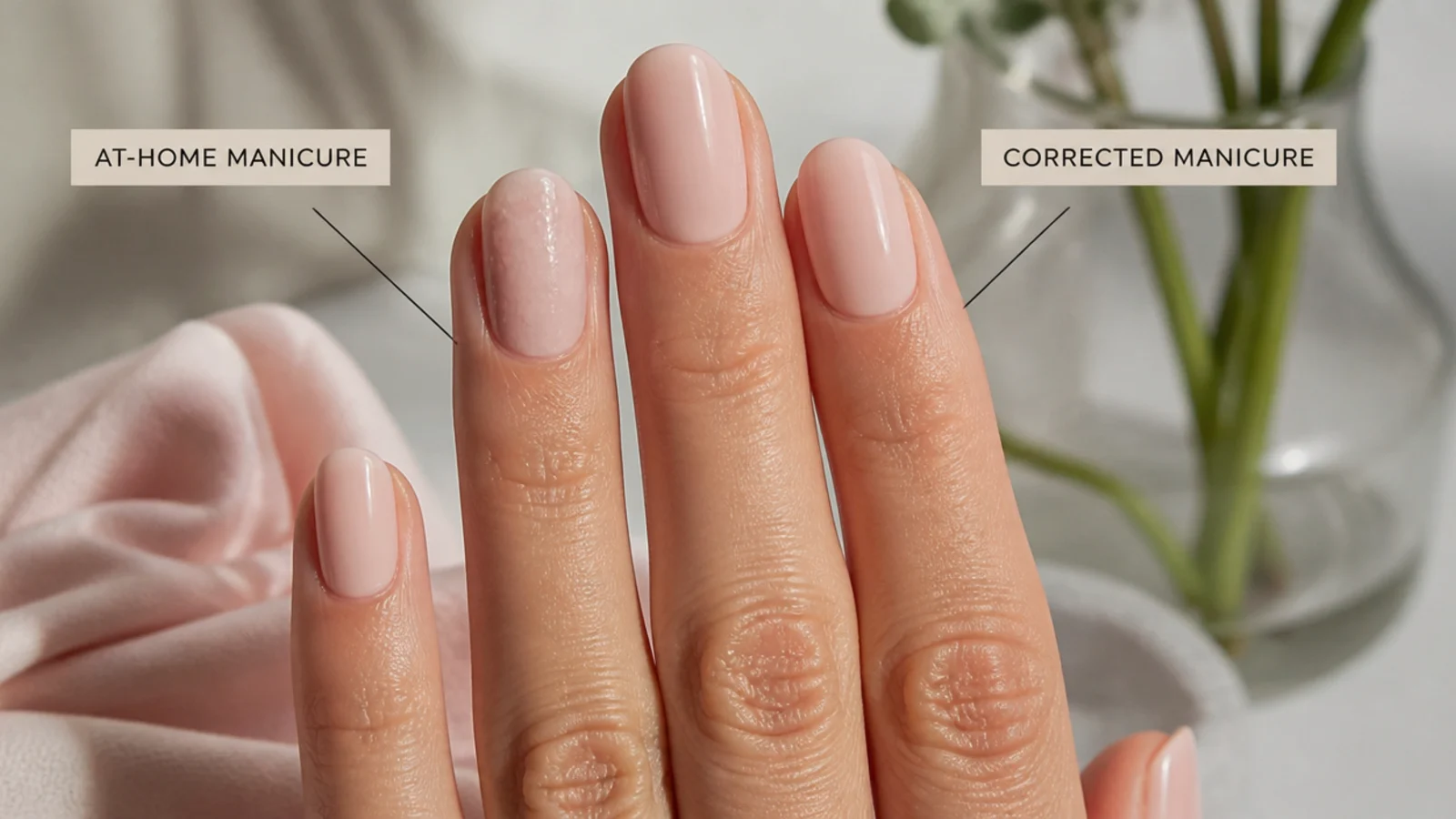 Comparison of a bubbled streaky at-home manicure beside a smooth corrected one