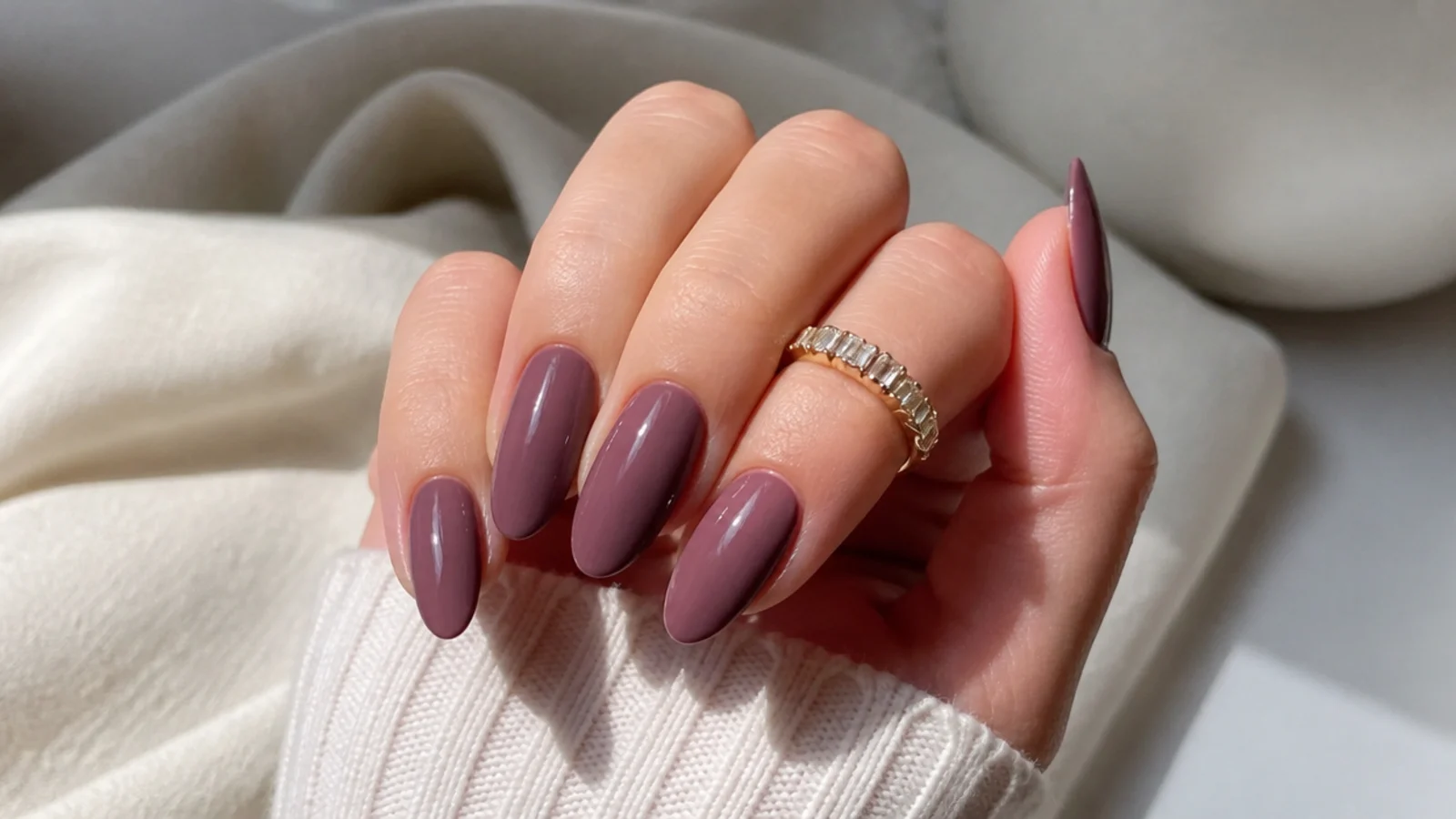 Dusty dark mauve almond acrylic nails, glossy