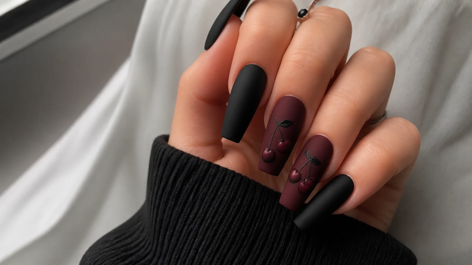 Matte black cherry coffin acrylic nails
