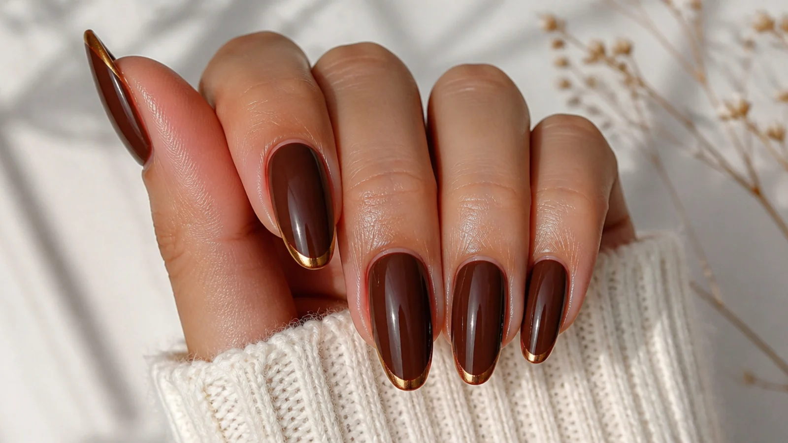 Chocolate brown almond acrylic nails with a thin gold micro-French tip