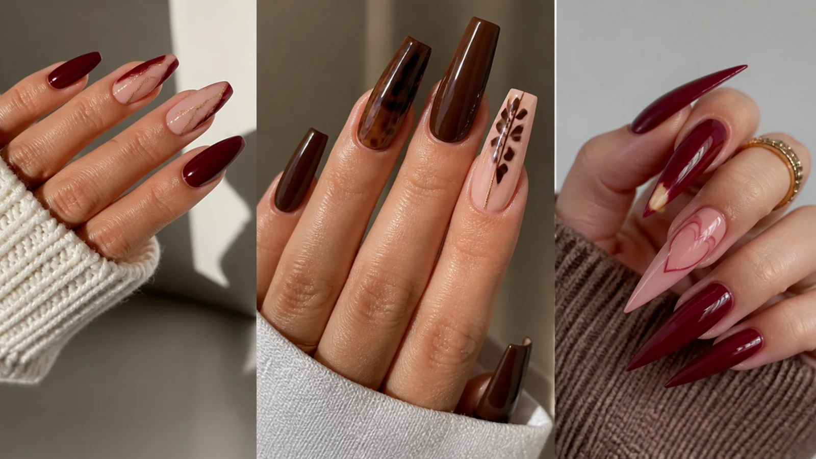 Almond, coffin and stiletto acrylic nails in deep warm shades