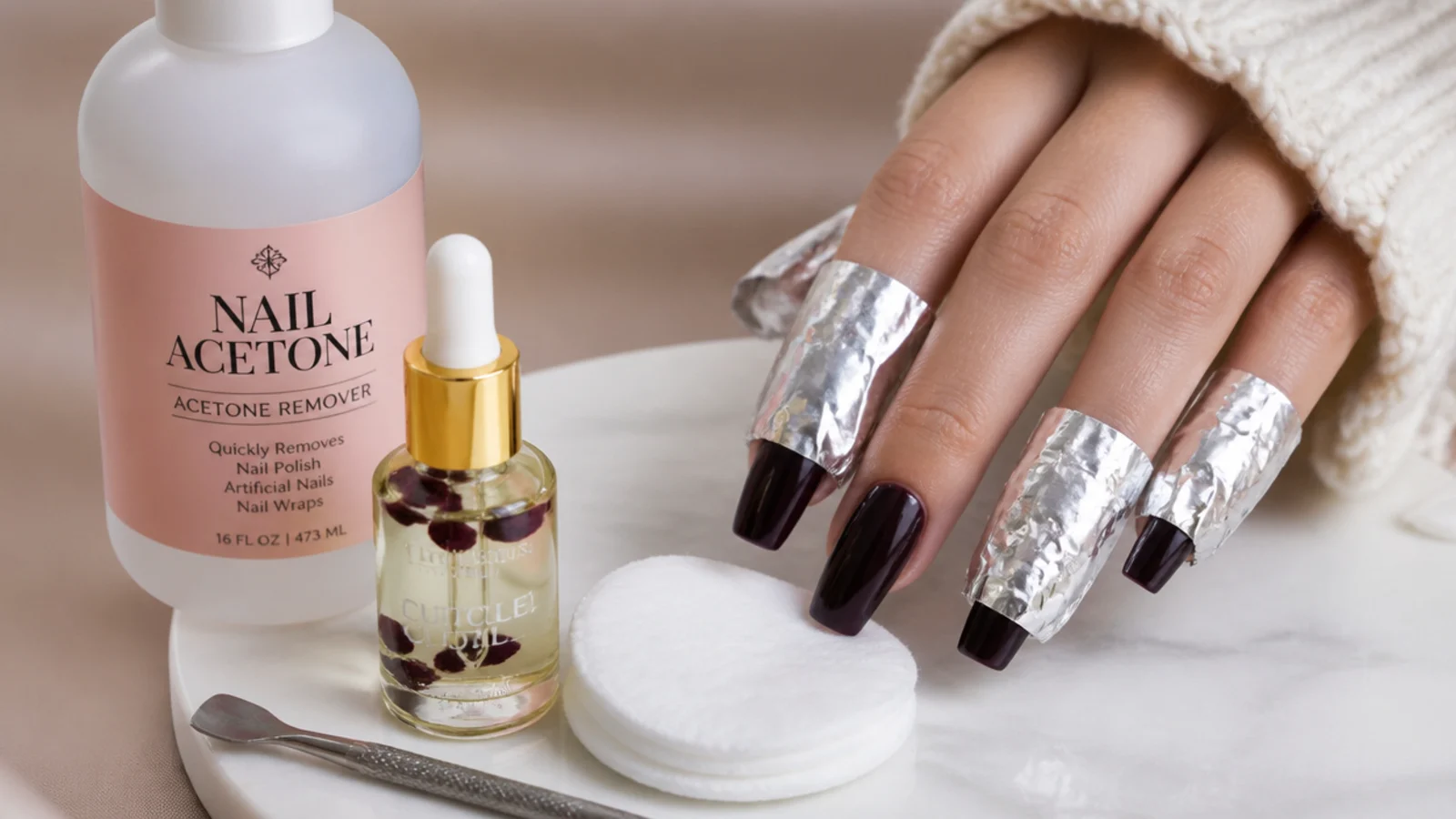 Acetone, foil and cuticle oil ready for safe dark acrylic removal