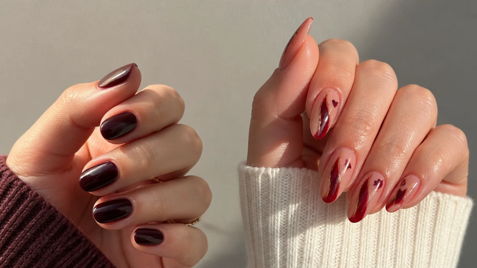 Short deep berry almond nails beside long sheer red date-night nails