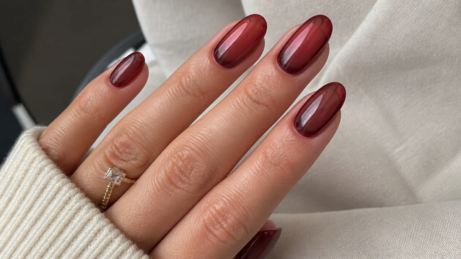 Sheer warm red wash dark feminine nails showing natural nail through the tint