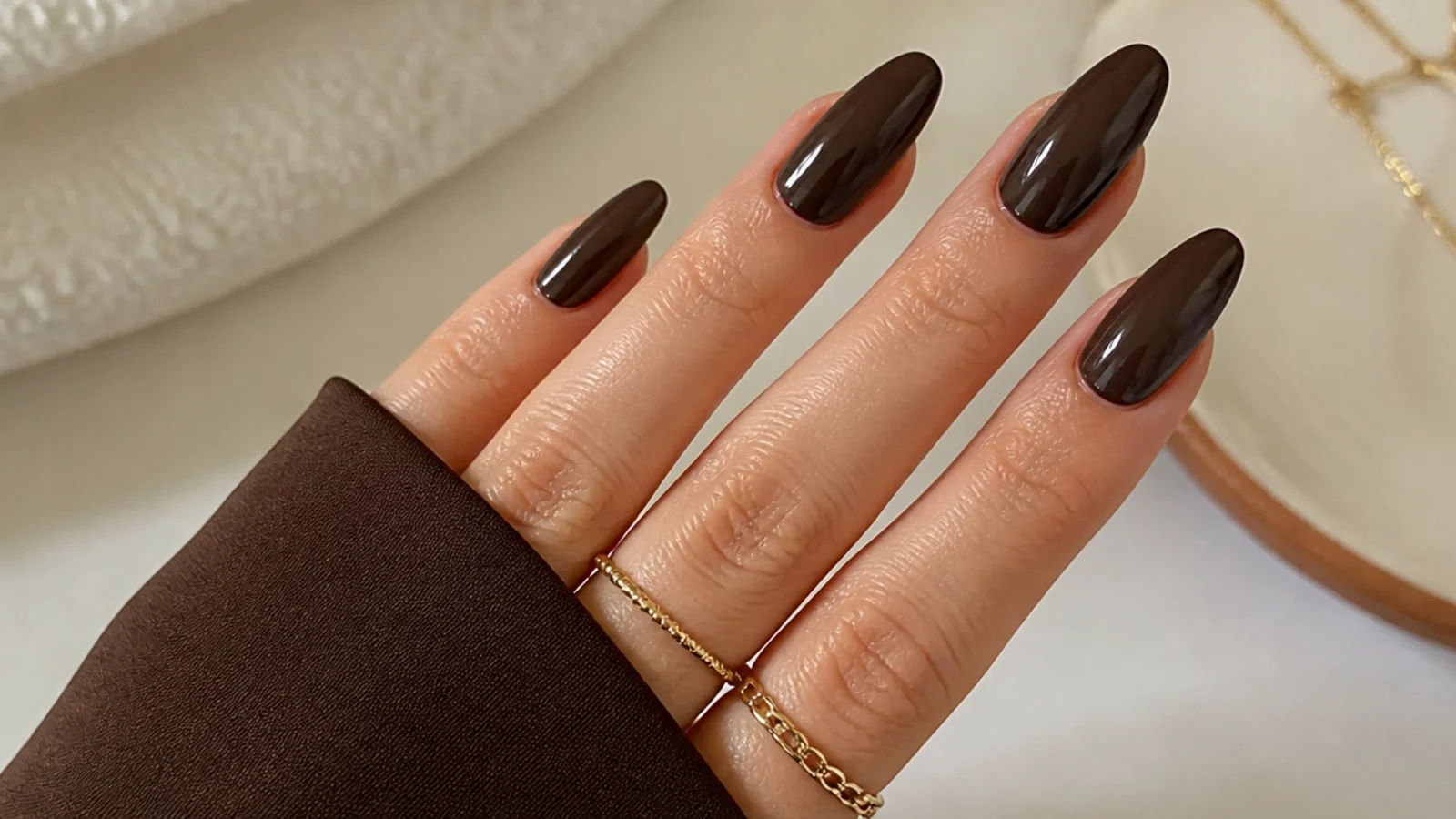 Glossy chocolate brown almond dark feminine nails