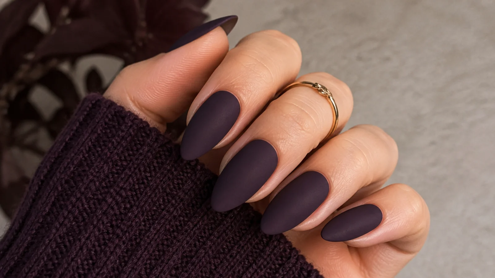 Matte velvet plum almond dark feminine nails with a soft suede finish