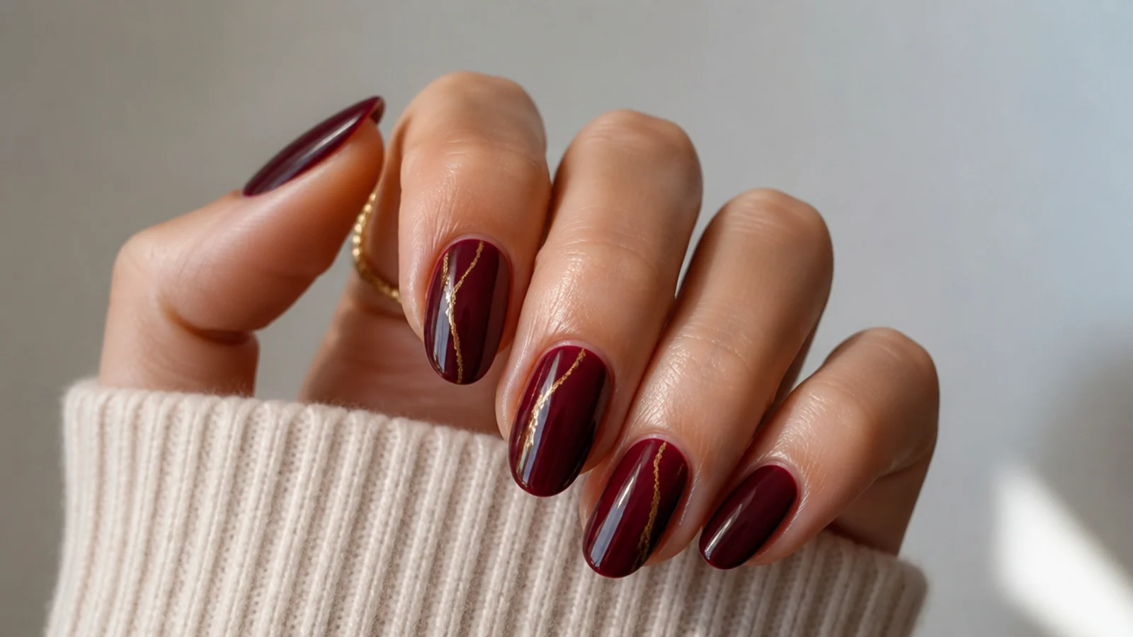 Oxblood dark feminine nails with a thin gold foil line accent