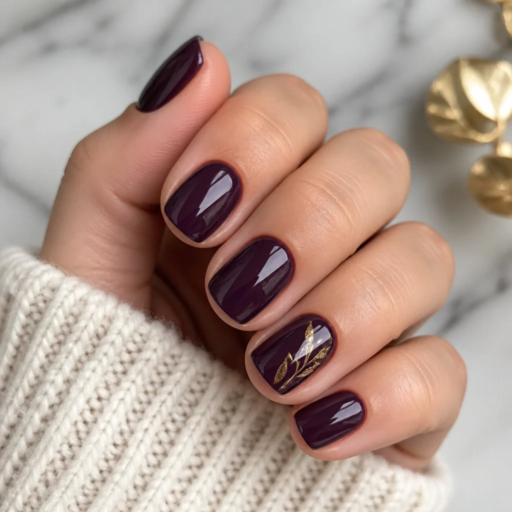 Glossy deep plum short square dark feminine nails