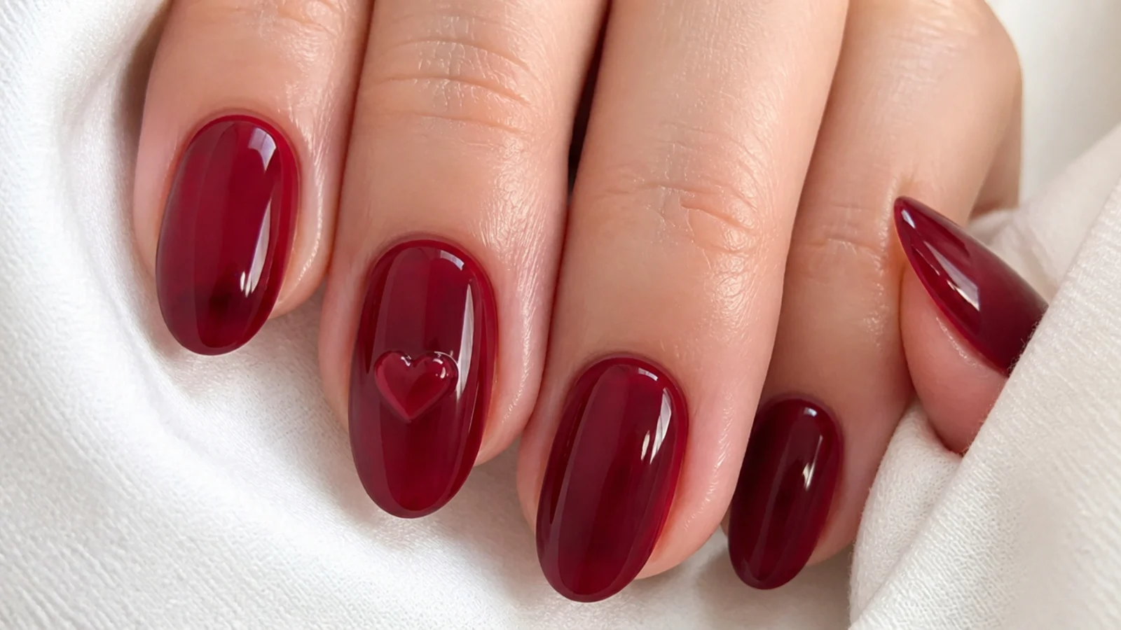Sheer warm red dark feminine nails with a small raised 3D heart accent