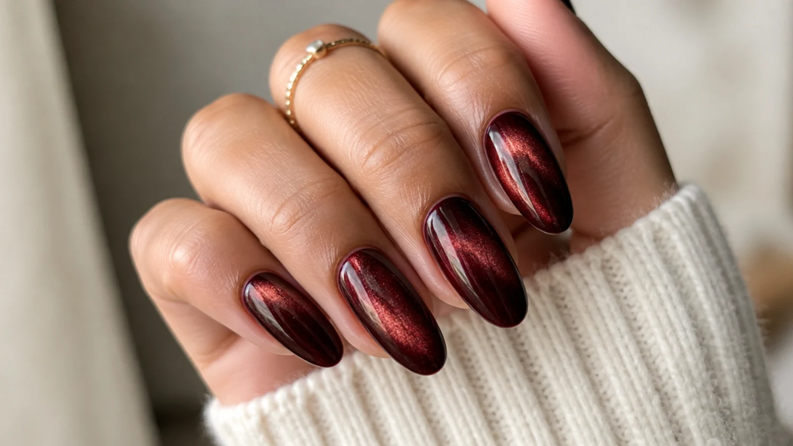 Deep wine magnetic cat-eye dark feminine nails with a band of light