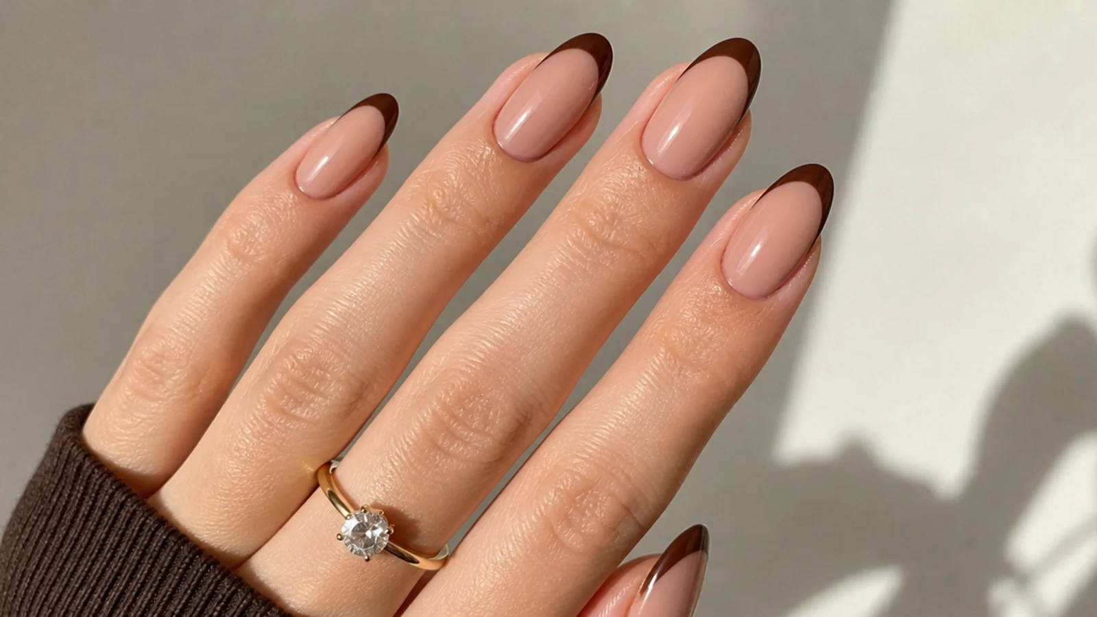 Nude base with chocolate brown French tips dark feminine nails