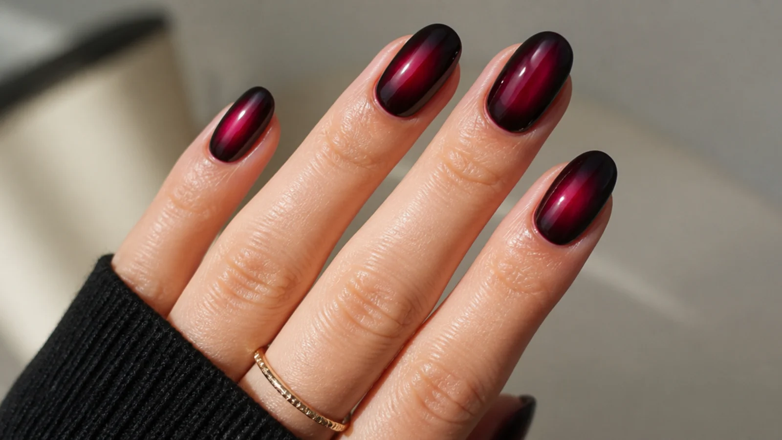 Aura effect dark feminine nails with a berry glow blurred at the center