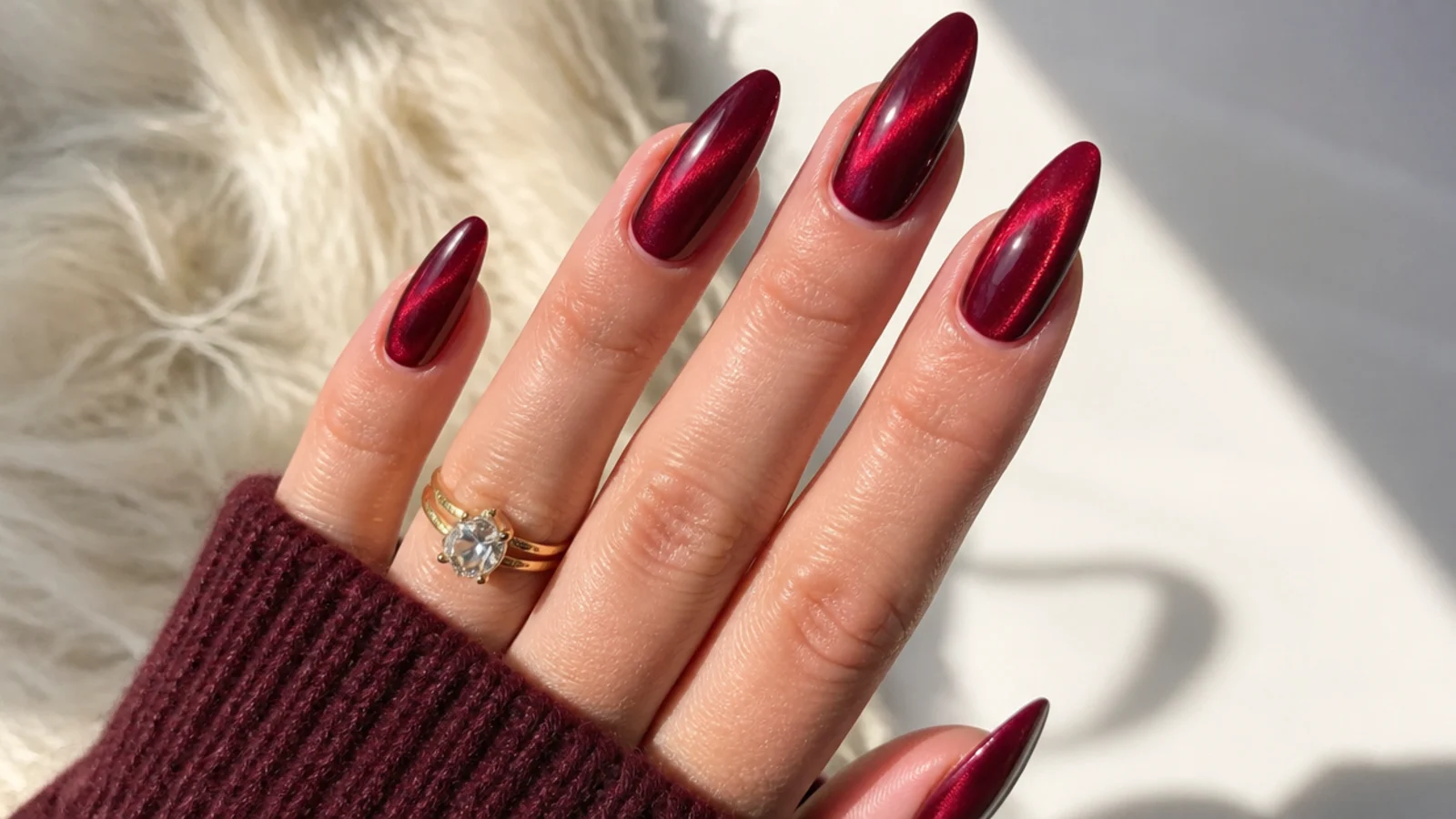 Deep red dark feminine nails with a glazed pearly chrome sheen