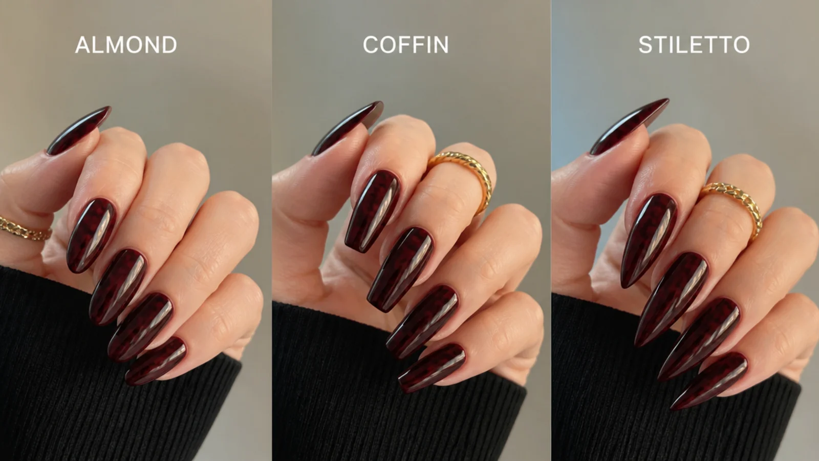 Almond, coffin and stiletto dark feminine nails shown side by side