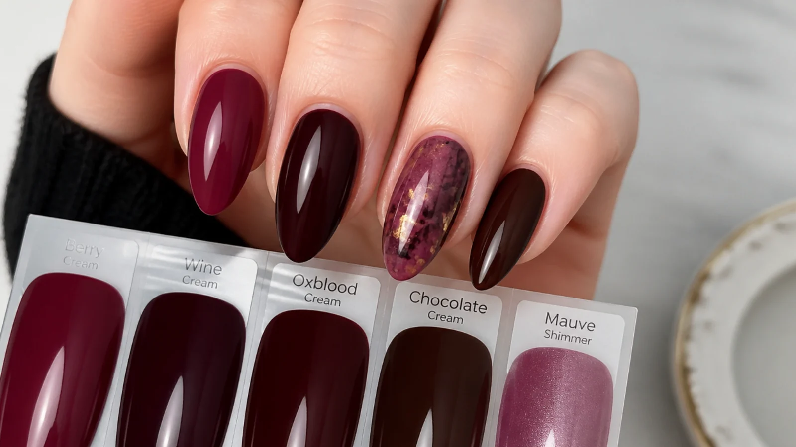 Swatches of berry, wine, oxblood, chocolate and mauve dark feminine nail tones