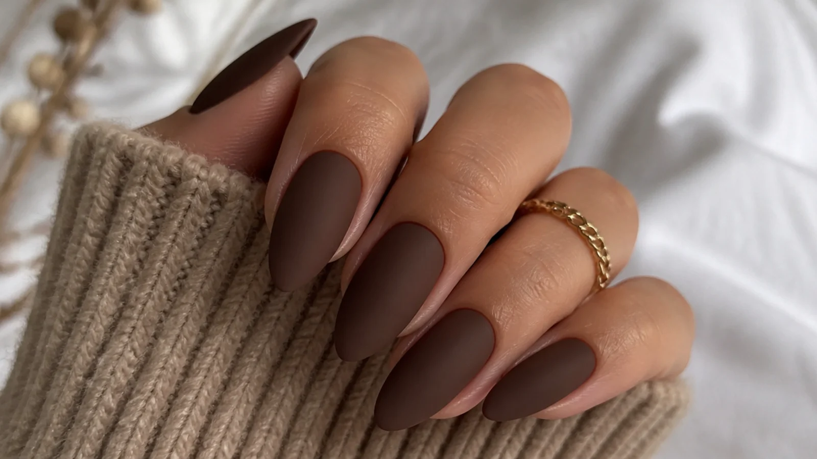 Matte chocolate brown almond nails with a velvet finish