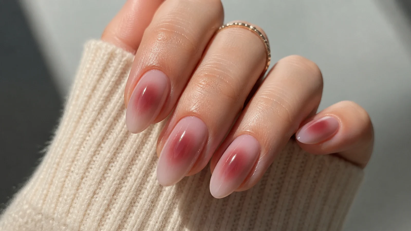 Sheer nude almond nails with a soft burgundy aura glow at the center
