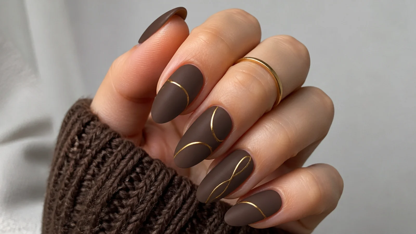 Matte chocolate almond nails with fine gold line art detail