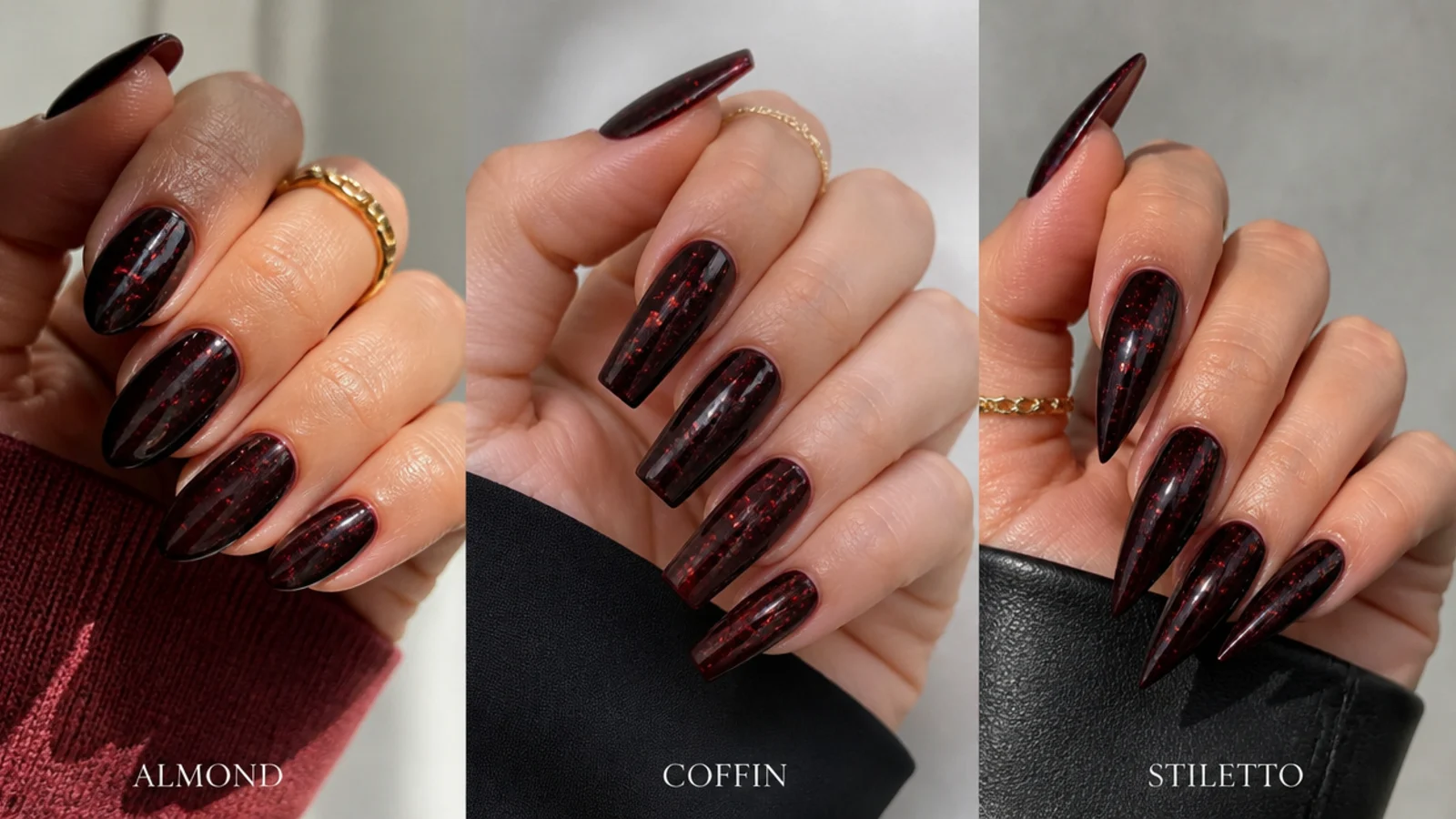 Almond, coffin and stiletto dark feminine nails side by side