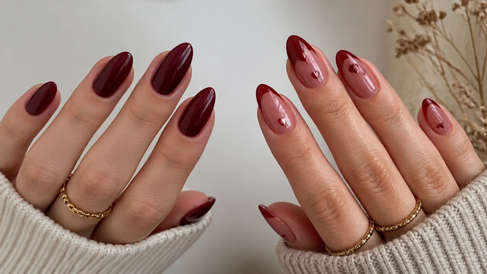 Deep berry office almond nails next to a sheer red date night set